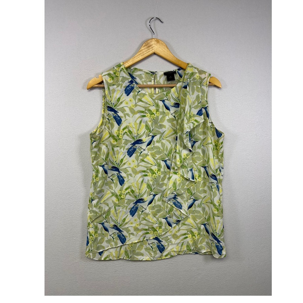 Cottagecore Ann Taylor Factory Womens Med Green Bird Print Ruffle Shell Blouse